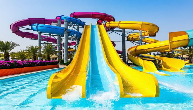 A vibrant view of Water Park Dubai featuring colorful slides and sparkling pools.