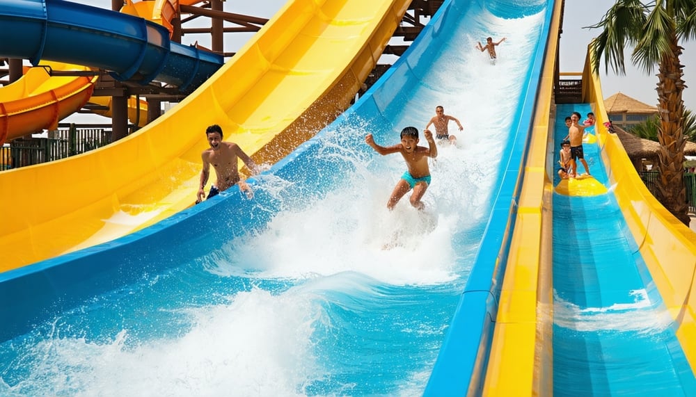 Families enjoying water slides at Water Park Dubai